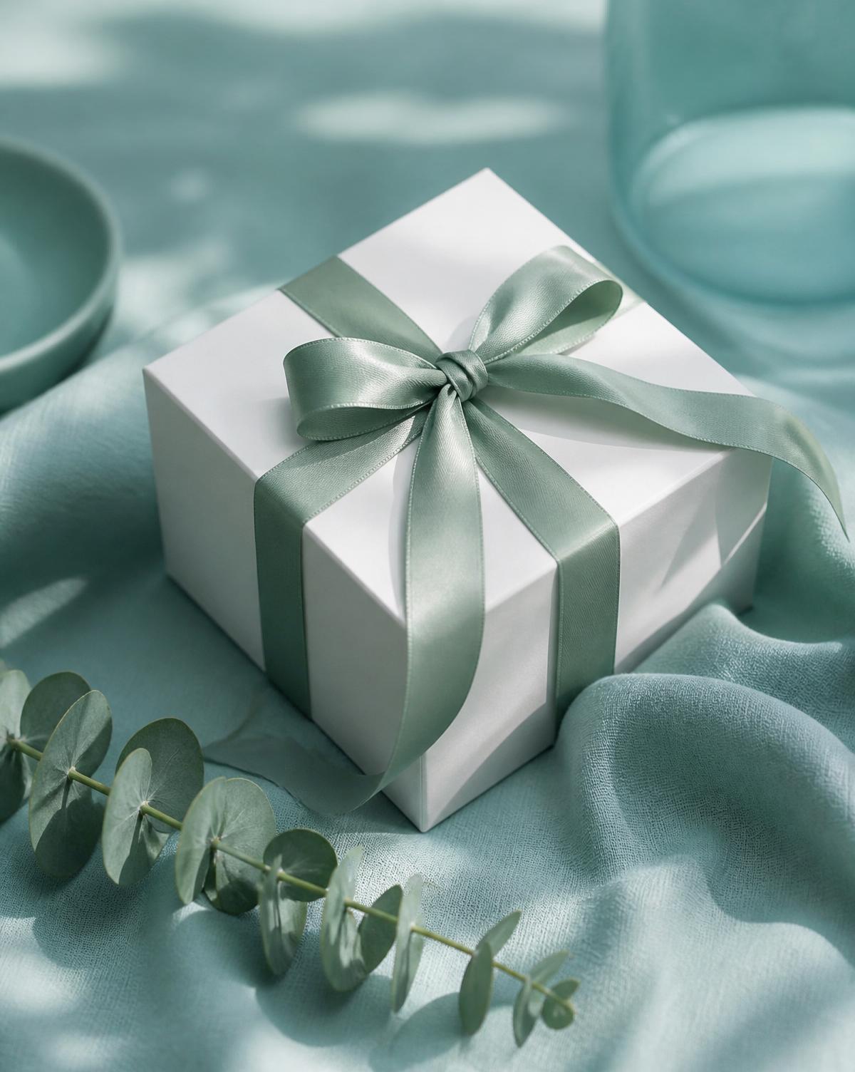 A white gift box tied with a sage green ribbon